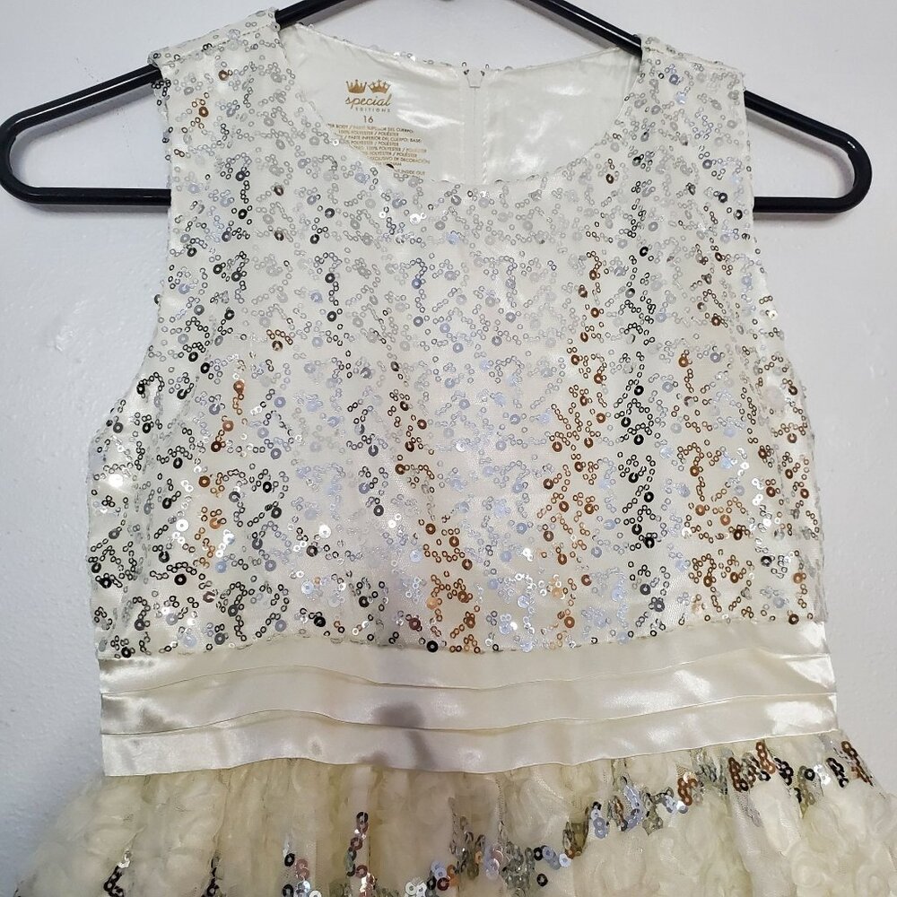 Special Editions Ivory Sequin & Lace Girls Dress Size 16 Sleeveless Satin Bow Ac - Picture 5 of 5